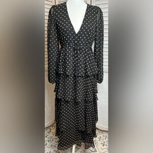 Zara szS l/sleeve,4 layers of ruffles w/waist tie.black dress w/tan polka dots